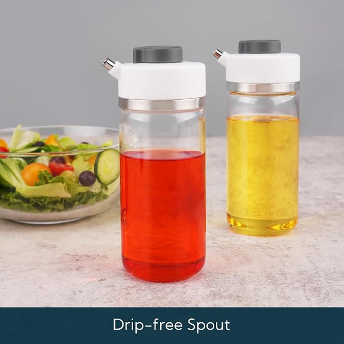 KITCHENDAO Precision Pour Glass Oil Dispenser 2-Piece Set with 3 Modes, Drip-Free Spout, Two Adjustable Flow Speeds, 12 oz Oil and Vinegar Dispensing Bottle 2 Pack Set for Kitchen