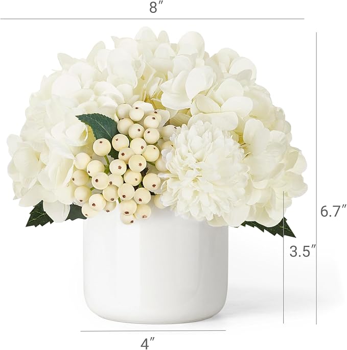 Dahey Hydrangea Artificial Flowers in Small Ceramic Vase, Fake Flower Floral Arrangements for Living Room Bathroom Dining Table Centerpice Wedding Party Spring Home Decor