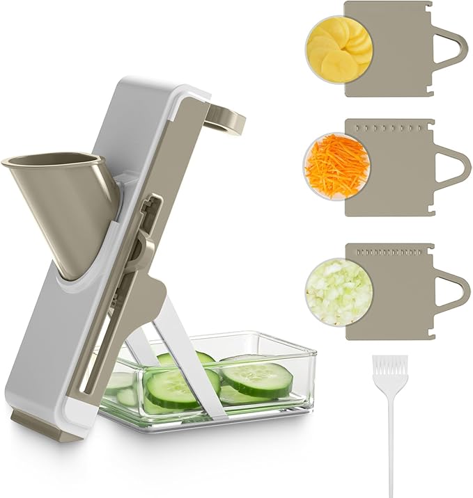 Eletronova Safe Mandoline Slicer for Kitchen, Vegetable Slicer with Container, French Fry Cutter, All in 1 Julienne Slicer for Potato, Thickness Adjustable, Detachable Blade, Dishwasher Safe（Grey-2）