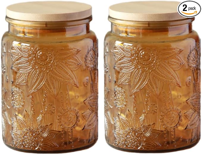 ANSQU Set of 2 Vintage Glass Kitchen Storage Jars, 23.7 FL OZ Gass Jar with Airtight Lid, Vintage Mason Jars for Home Kitchen Coffee Tea Sugar Cookie Candy Jars (Yellow, 2 Pack)