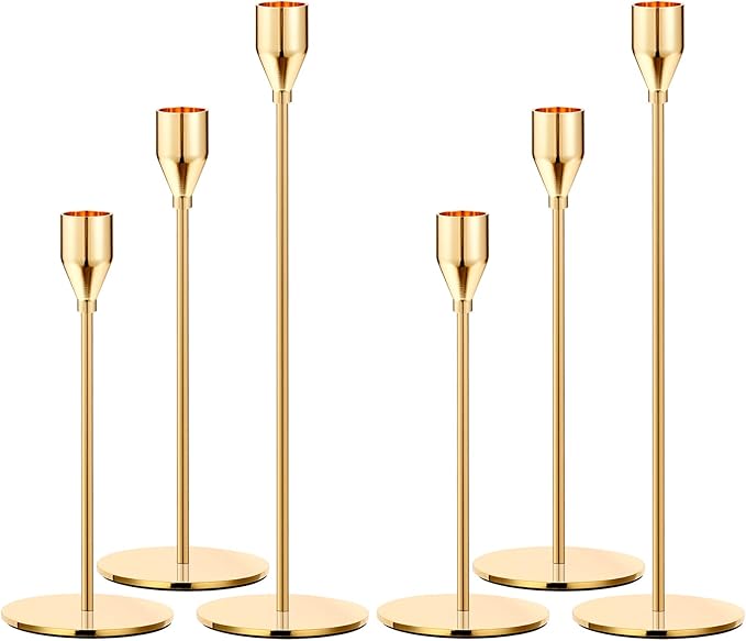 Oatnauxil Metal Gold Taper Candle Holder for Wedding, Dinning, Party, Fits 3/4 inch Thick Candle&Led Candles (Set of 6 Pcs)