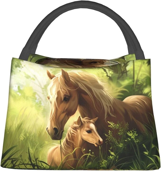 Tender Horse and Foal Forest Scene Lunch Box for Women Girls Adults Insulated Green Meadow Animal Lunch Bag for Work Picnic Camping Travel Gifts Cooler Thermal Large Capacity Reusable Tote Makeup Bags