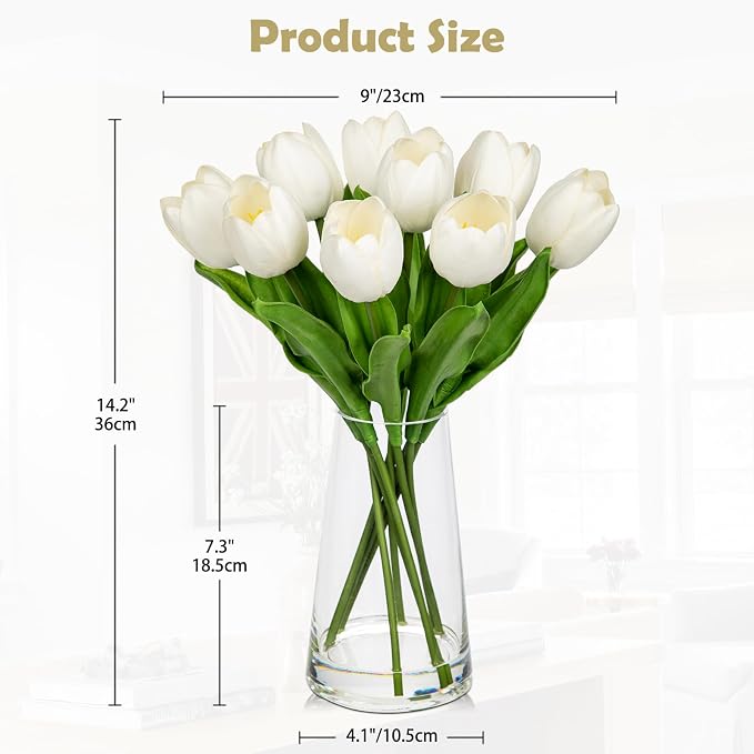 Fake Tulips Artificial Tulip Flowers in Glass Vase with Faux Water, 14.2" Real Touch White Tulip Flowers Spring Décor for Table Centerpiece Home Farmhouse Resto Wedding Decoration