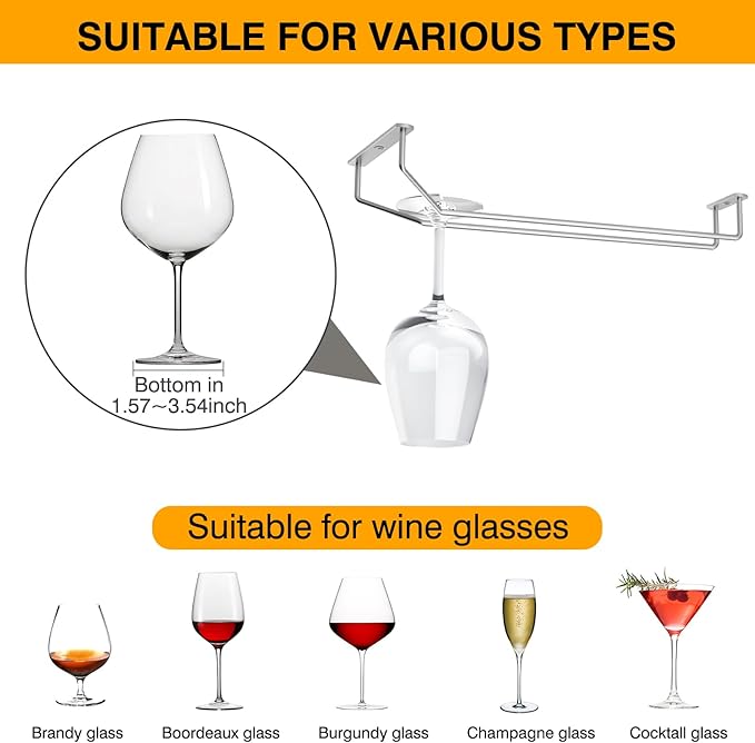 FOMANSH 14-Inch Under Cabinet Wine Glass Holder - Metal Stemware Hanger, Single Rail Wine Glass Hanging Rack for Kitchen Bar - Set of 4