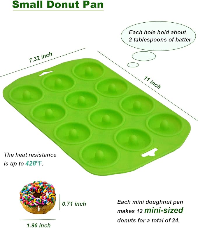 Mini Donut Pan for Baking, 2 Pack Donut Mold Silicone Doughnut Pan for Making Donut, Bagels, Cake, BPA Free, Green