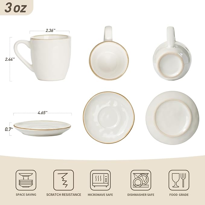 famiware Ocean Espresso Cups with Saucers Set of 4, 3.34oz Espresso Cup Set, Coffee Mug Set for Latte, Macchiato, Stoneware Demitasse Cups Set for Cafe, Microwave&Dishwasher Safe, Cappuccino White