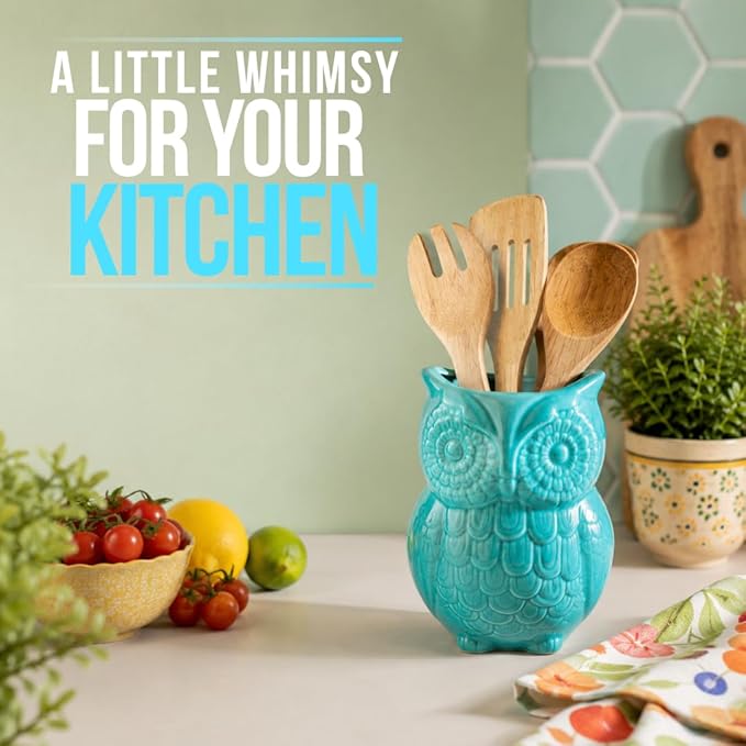 Comfify Owl Utensil Holder Decorative Ceramic Cookware Crock & Organizer, in Lovely Aqua Blue Color - Utensil Shaped Caddy and Perfect Kitchen Ceramic Decor Gift for Countertop - 5” x 7” x 4” Size