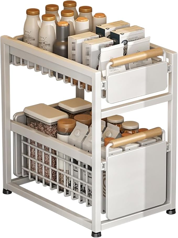 2 Tier Pull-out Storage Organizer, Slide Out Kitchen Cabinet Storage Sliding Shelves, Under Sink Organizers Drawer, Mesh Cabinet Basket with Handle for Bathroom, Home(White,Double Layer S)