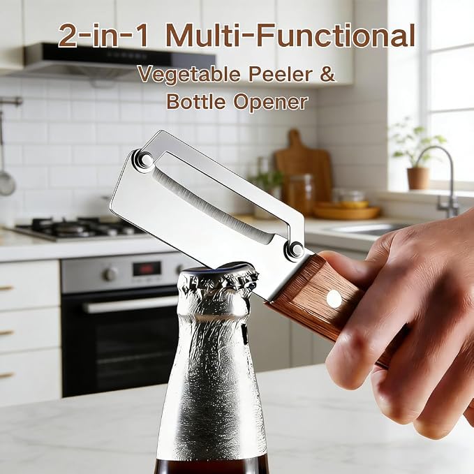 Multi-Functional Vegetable Peeler fo Kitchen: 2 in 1 Stainless Steel Peeler with Wooden Handle and Bottle Opener - Peelers for Potato Pumpkin Papaya Zucchini (2 pcs)