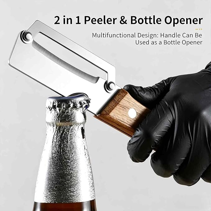 Hand Held Peeler for Vegetables & Fruits,Stainless Steel Vegetable Peeler with Non-Slip Wooden Handle,2-in-1 Kitchen Peeler & Bottle Opener for Potatoes, Apples,Carrots,for Home Kitchen & Camping (2)