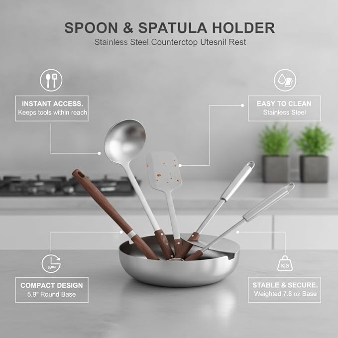 Spoon and Spatula Holder, Stainless Steel Countertop Utensil Rest for Kitchen Cooking (1 PC)