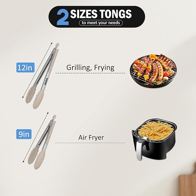 Tongs for Cooking, 600ºF High Heat-Resistant Stainless Steel Kitchen Tongs with Silicone Tips, Non Scratch, Locking Tong for BBQ Grilling Air Fryer Food Salads, Set of 2 (9" and 12") Beige