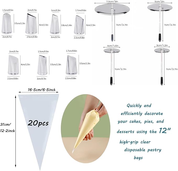 Icing Flower Making Tools Kit,7 Petal Piping Tips Set with 20 Disposable Frosting Bags, 4 Cake Flower Nails, 2 Nail Lifters for Beginners Professionals & Baking Enthusiasts