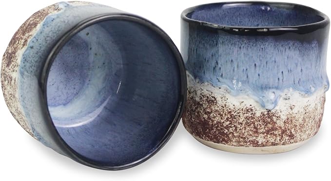 roro Handmade Ceramic Tea Cups Rustic Reactive Blue Glaze, Coastal Beach-Themed Sipper Set of 2, 200ml (6.5oz), Textured Grip, Microwave & Dishwasher Safe