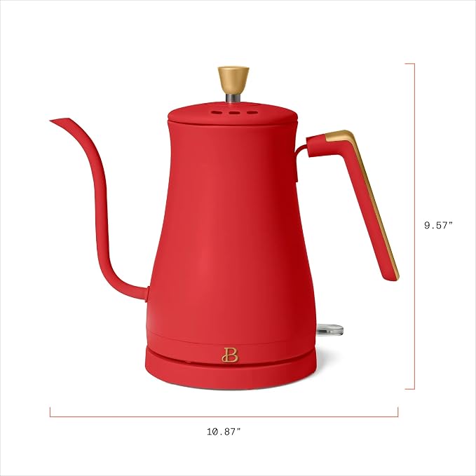 Electric Gooseneck Kettle 1 Liter 1200W Fast Boil with Precision Pour Spout, Stainless Steel Interior, Auto Shut-Off & 360° Swivel Base (Tomato Red)
