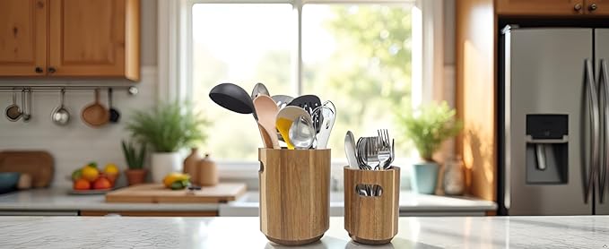 Acacia Wood Utensil Holder for Kitchen Counter, Large 360° Rotating Wooden Utensil Crock Organizer with Divider, Farmhouse Cooking Utensil Holder for Countertop