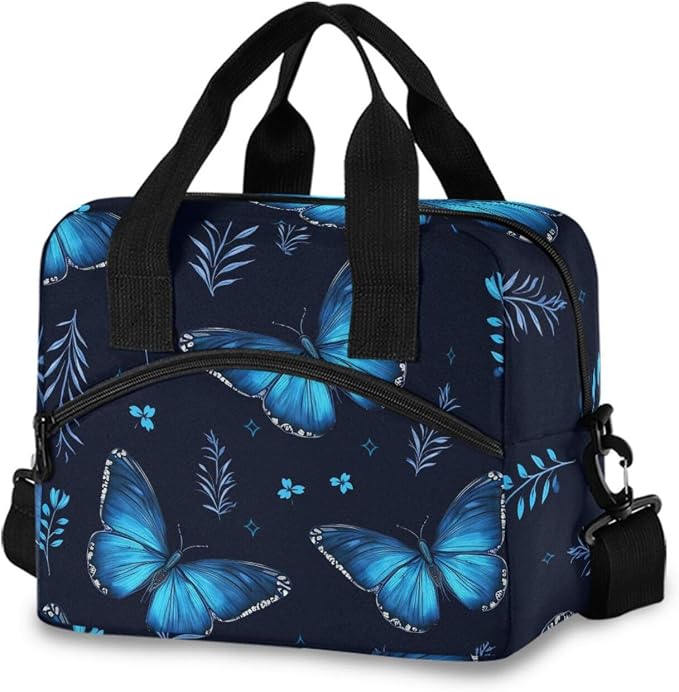 Flying Butterflies Blue Insulated Lunch Bag Reusable Lunch Tote Bag Lunch Box for Women Men Adult Cooler Bag with Adjustable Shoulder Strap Leakproof for Work School Picnic