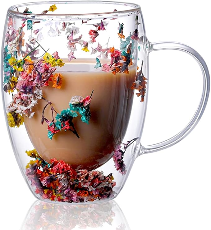 Myhiju Flower Double Wall Clear Glass Coffee Mugs Creative Clear Glass Cups with Handle Flowers Double Insulated Glass Cup for Hot Cold Beverages Cappuccino Latte, Espresso Juice Glass Coffee Cups