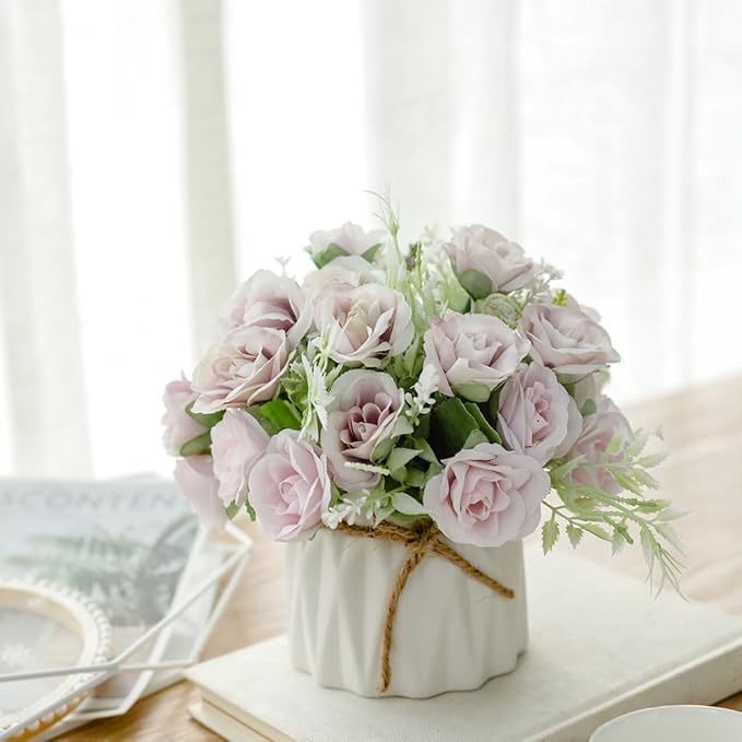 TKAS Fake Flowers Arrangement in Ceramic Vase, Artificial Faux Silk Roses, Small Realistic Dried-Style Floral, Dining Table Centerpiece for Wedding Party Home Decoration (Purple)