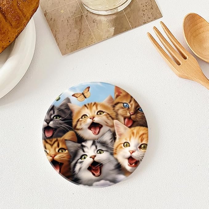 Ceramic Stone Cork Coasters for Drinks Tableware, Group of Cats with Butterfly Round Absorbent Durable Aesthetic Art Cup Mat Protects Tables and Surfaces Set of 1 (4 * 4 Inch)