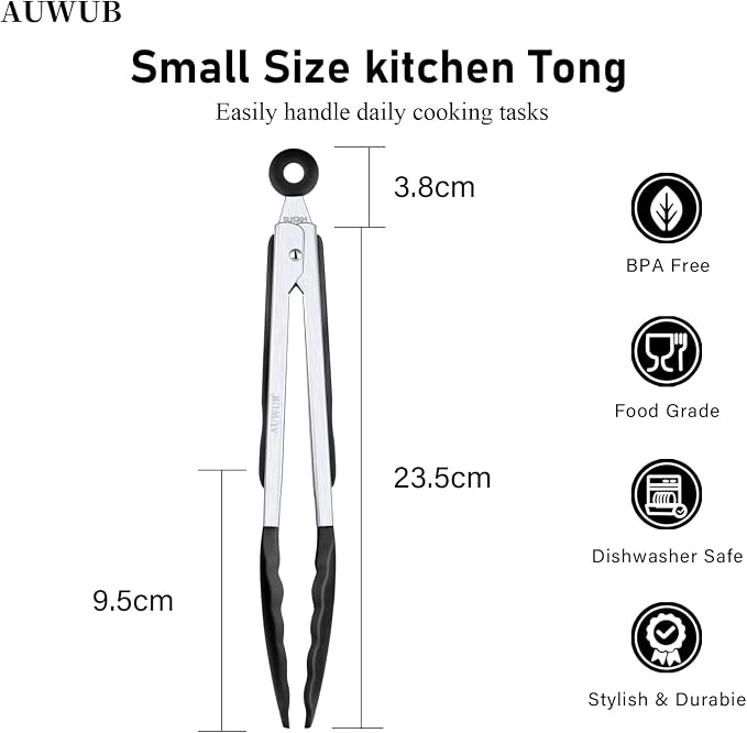 Silicone Salad Tongs - 9 Inch, 304 Stainless Steel Core & Non-Slip Grip, Black Color, Kitchen Utensils for Grilling Salad