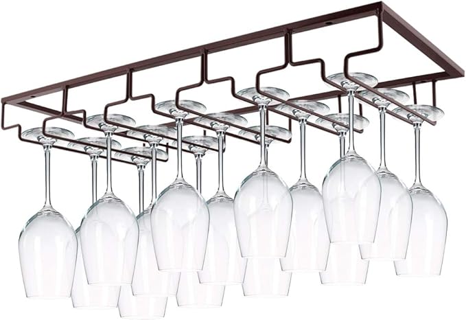 MOCOUM Wine Glasses Rack Under Cabinet Stemware Rack, Wine Glass Hanger Rack Wire Wine Glass Holder Storage Hanger for Cabinet Kitchen Bar (Brown, 5 Rows 1 Pack)