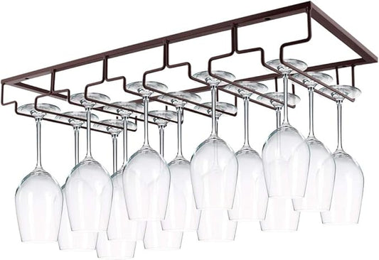 MOCOUM Wine Glasses Rack Under Cabinet Stemware Rack, Wine Glass Hanger Rack Wire Wine Glass Holder Storage Hanger for Cabinet Kitchen Bar (Brown, 5 Rows 1 Pack)
