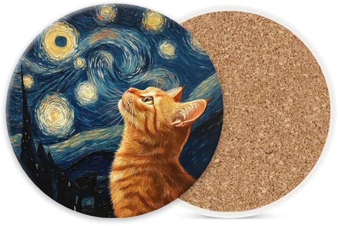 Ceramic Stone Cork Coasters for Drinks Tableware, Orange Cat Gazing at Starry Night Round Absorbent Durable Aesthetic Art Cup Mat Protects Tables and Surfaces Set of 1 (4 * 4 Inch)