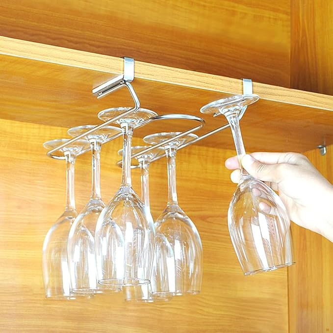 Hanging Wine Glass Rack Under Cabinet, Nail Free Stainless Steel Wine Glass Storage Hanger, Organizer for Bar Home & Kitchen Décor