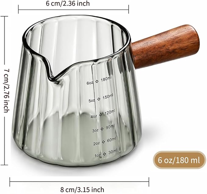 6 oz Espresso Cups - Glass Measuring Cups with Spout - Ribbed Small Creamer Pitcher- Expresso Shots Cup with Wood Handle for Coffee Milk, Dishwasher Safe (Grey, 1 pack)