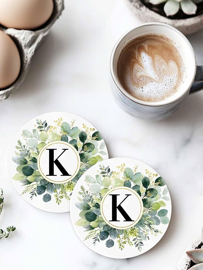 Coasters Set of 6 Letter K Drink Coasters with Holder Absorbent Stone Ceramic Cup Mat Alphabet Green Eucalyptus Leaves Coaster for Drinks Coffee Bar Office Kitchen Cafe Home Decor