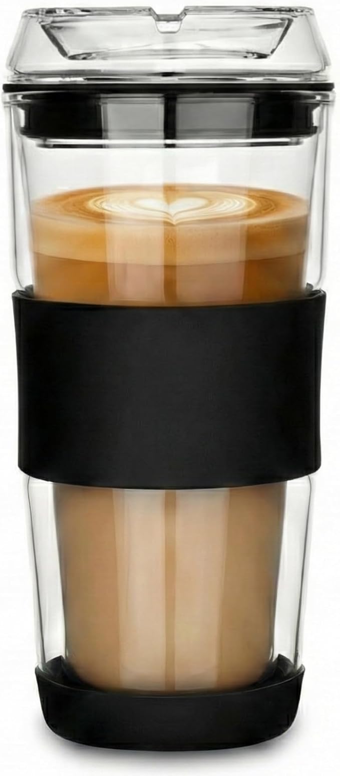 14oz Double Walled Glass Coffee Tumbler with Full Glass Lid & Silicone Sleeve - Non-Slip Insulated Travel Mug with Protective Bottom Bumper - 100% Plastic-Free