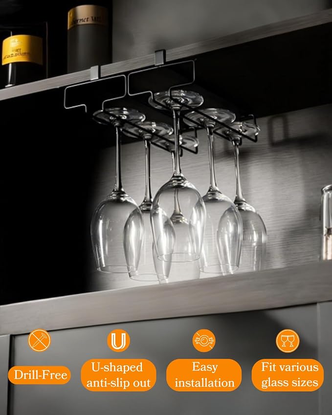 LINFIDITE Wine Glass Holder 2PCS Stemware Rack Hanger Under Cabinet Wine Glass Rack Kitchen Hanging Storage Rack Organizer,Black (For Partition Thickness under 1.18")