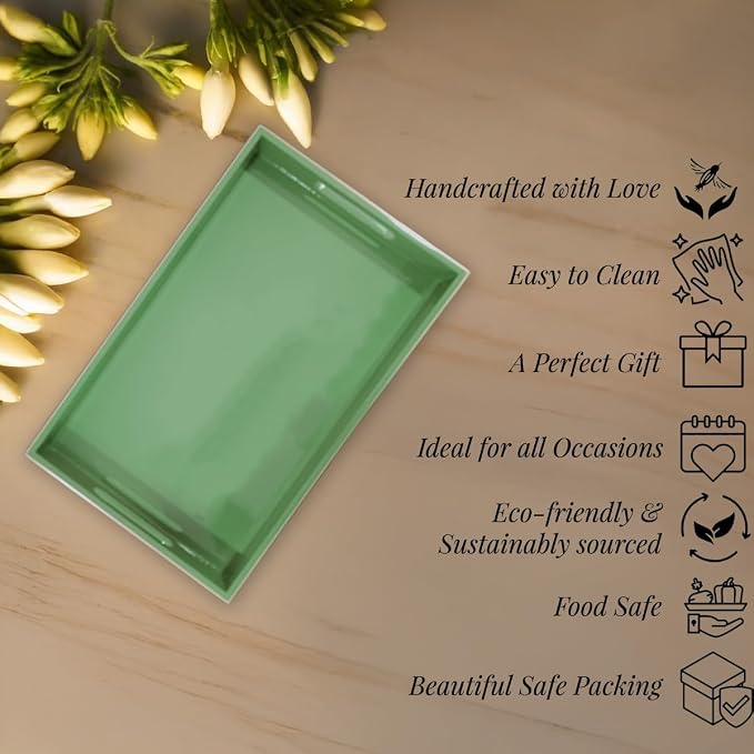 Handcrafted Wooden Serving Tray | Tray with Handle for Snacks, Tea, Kitchen, Coffee Table, Dining | High Gloss Finish with Gold Trim |12.25 x 7.75 x 1.5 inches (Solid Sage)