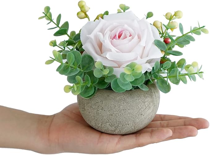 Small Artificial Light Pink Rose Potted Plant, 6" Fake Silk Flowers in 3.5" Round Pot, Mini Faux Floral Arrangement for Desk Shelf Bathroom Decor