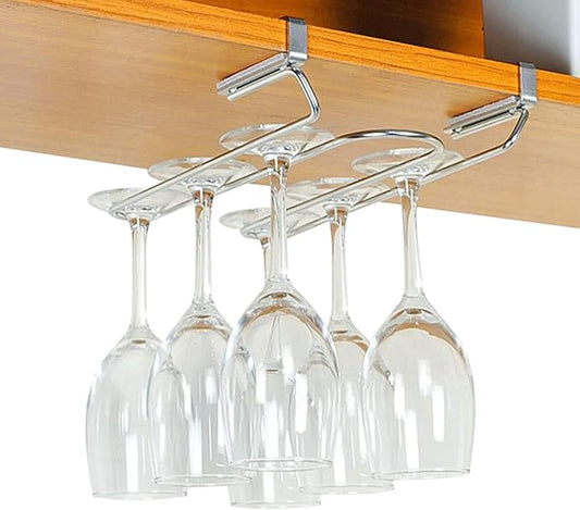 V3VOGUE Double Row Under Cabinet Wine Glass Holder, Hanging Wire Stemware Rack Holder, Wine Glasses Storage Hanger, for Bar Kitchen Storage Organizer Metal (Black White)