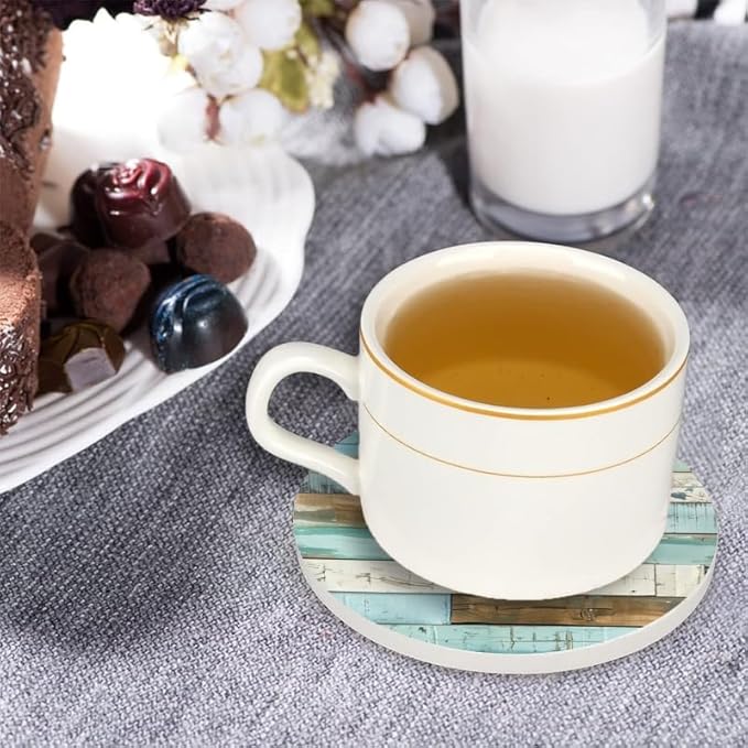 Ceramic Drink Coasters Absorbent Set of 1, Distressed Blue and White Planks Round Anti Slip Modern Cup Coasters for Desk Kitchen Office Housewarming Hostess Gifts (4 * 4 Inch)