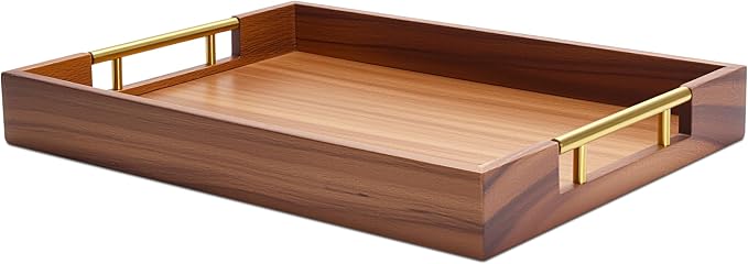 Wooden Serving Tray with Metal Handles, 14" x 9.8" x 1.7" Small Serving Tray for Kitchen Counter, Ottoman Coffee Table, Bathroom, Home Decor