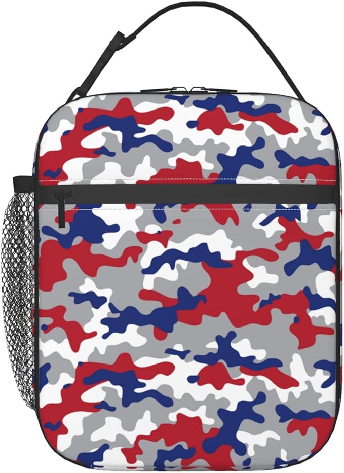 Gianlaima Camo Camouflage Red Blue Insulated Lunch Box For Women Man, Portable Lunch Bag Reusable Cooler Tote For Office Work Travel Picnic Camping Beach