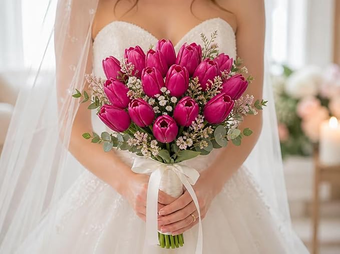 Mandy's Hot Pink Artificial Tulips Flowers Centerpiece, 13.5" Lifelike PU Fake Floral Stems 20pcs for Kitchen Island & Dining Table, Spring Decor for Easter