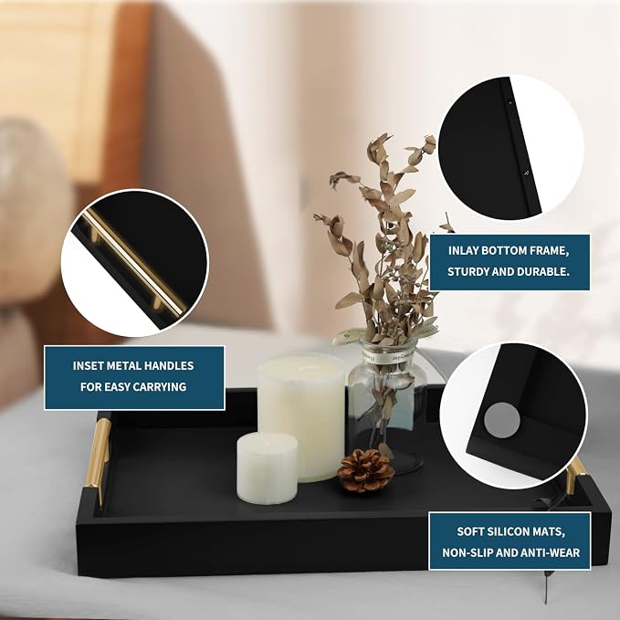 Wooden Decorative Coffee Table Tray, 16" Matte Finish Serving Tray with Handles for Ottoman, Living Room, Perfume, Vanity Dresser Organizer (Carbon Black)