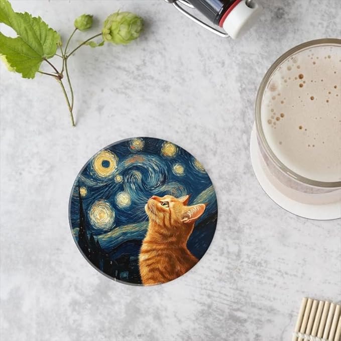 Ceramic Stone Cork Coasters for Drinks Tableware, Orange Cat Gazing at Starry Night Round Absorbent Durable Aesthetic Art Cup Mat Protects Tables and Surfaces Set of 1 (4 * 4 Inch)