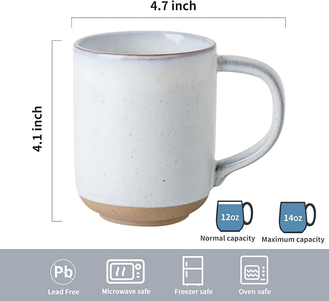 Ceramic Coffee Mugs Set of 4, 14oz Coffee Cups with Large Handle, Stoneware Two-Tone Tea Mugs for Latte, Cappuccino, Bluish White Speckled, Terracotta Base,Housewarming Gift,Dishwasher&Microwave Safe