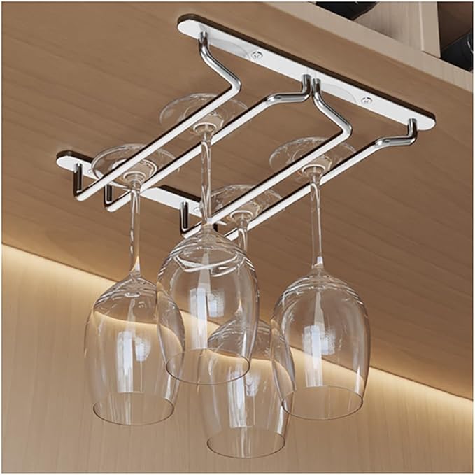 CAKERS Under Cabinet Hanging Stemware Display Rack|304 Stainless Steel Wine Glass Holder|Wine Glass Storage Organizer Hanger,2 Rows,22cm(8.6in)