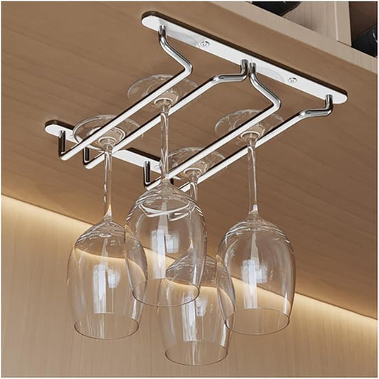 CAKERS Under Cabinet Hanging Stemware Display Rack|304 Stainless Steel Wine Glass Holder|Wine Glass Storage Organizer Hanger,2 Rows,22cm(8.6in)