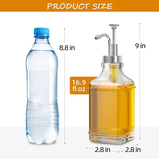 16.9 fl oz/500ml Coffee Syrup Dispenser Set, Coffee Bar Accessories, 4 Glass Bottles with Silver Pumper and Syrup Labels,Syrup Dispenser for Coffee Bar with Spoons,4 Pack