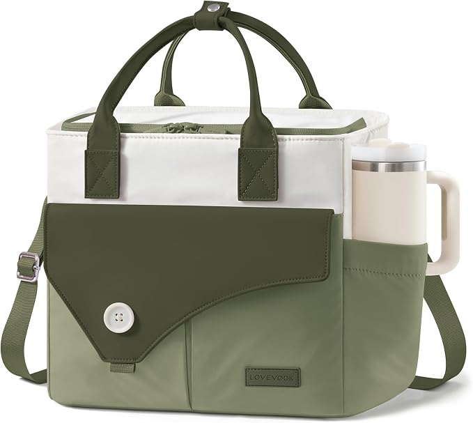 LOVEVOOK Large Insulated Lunch Bag for Women, Wide Opening Leakproof Cooler Tote with Large Cup Holder and Shoulder Strap, Cute Adult Lunch Box for Picnic Hiking Beach