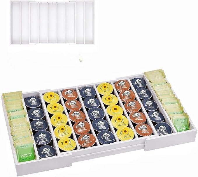 K Cup Holder,Bamboo Coffee Pod Holder Drawer Organizer, Expandable Coffee Pod Holder Tea Bag Storage Organizer for Kitchen Office Coffee Bars,Accommodate 45 K Cups (White)