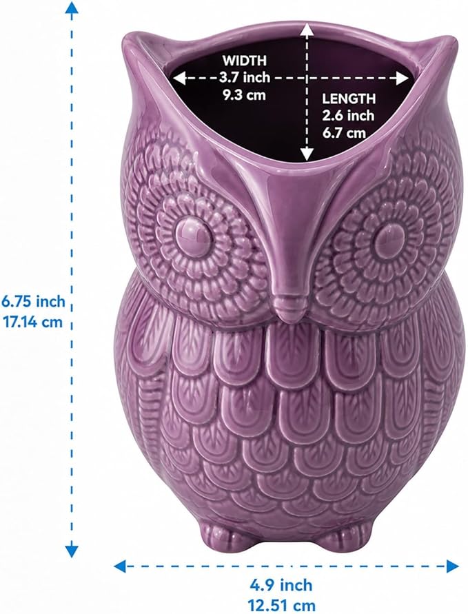 Comfify Owl Utensil Holder Decorative Ceramic Cookware Crock & Organizer, in Lovely Purple Color - Utensil Caddy and Perfect Kitchen Ceramic Decor Gift - 5” x 7” x 4” Compact & Cute