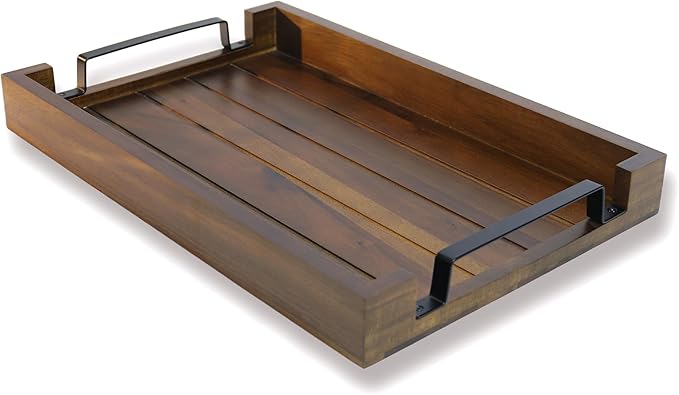 17" x 11" Acacia Wood Serving Tray with Black Iron Handle. Coffee, Decorative, Whiskey, Wooden Tray for Kitchen, Living Room, Bedroom Entryway, Hallway - Rustic Tray (Brown)